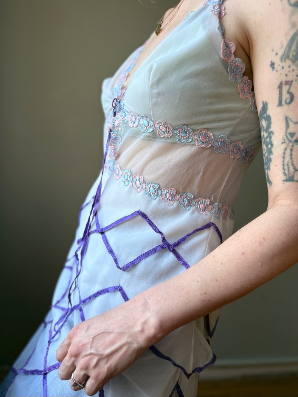 Vintage 90s Sheer Mesh Appliqué Dress | Romantic Boudoir Mini Slip | Size M/L - Picture 6 of 13